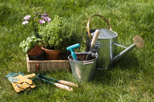 A neatly maintained garden scene featuring a lush, green grassy lawn with a defined border of flower beds containing a variety of potted plants and flowering shrubs. In the foreground, there are garden tools such as a pair of yellow gardening gloves, a small hand rake, and a hand trowel, all resting on the grass. To the right, a metal watering can and a bucket with a gardening fork and a trowel inside are visible, indicating ongoing outdoor maintenance. Behind these, a wooden planter box holds additional potted plants, including flowering plants with purple and green foliage. The background shows a tidy, well-kept outdoor space with natural sunlight illuminating the scene, suggesting a clear weather day, typical of outdoor garden work in Plumstead. The overall composition highlights routine garden upkeep, with an emphasis on lawn care, planting, and general outdoor gardening services offered by Hedge Trimming Plumstead, in an environment that combines natural textures, varying plant colors, and garden tools arranged for practical use in a landscaped yard.